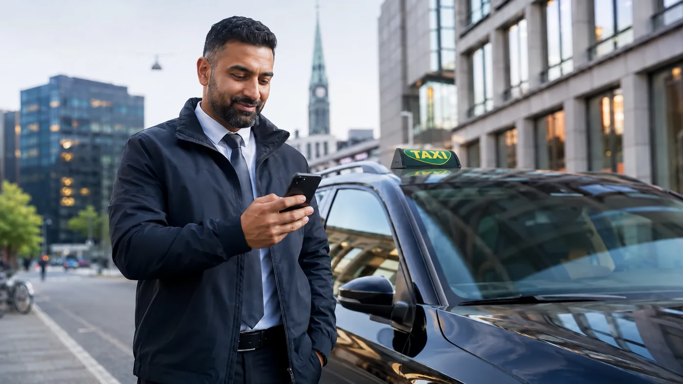 Chauffør ser en forespørgsel på sin telefon ved sin parkerede taxa