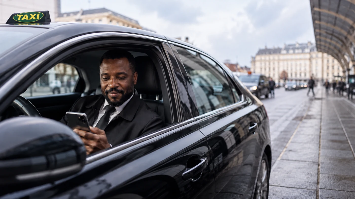 Chauffør ser på sin telefon i en parkeret taxa