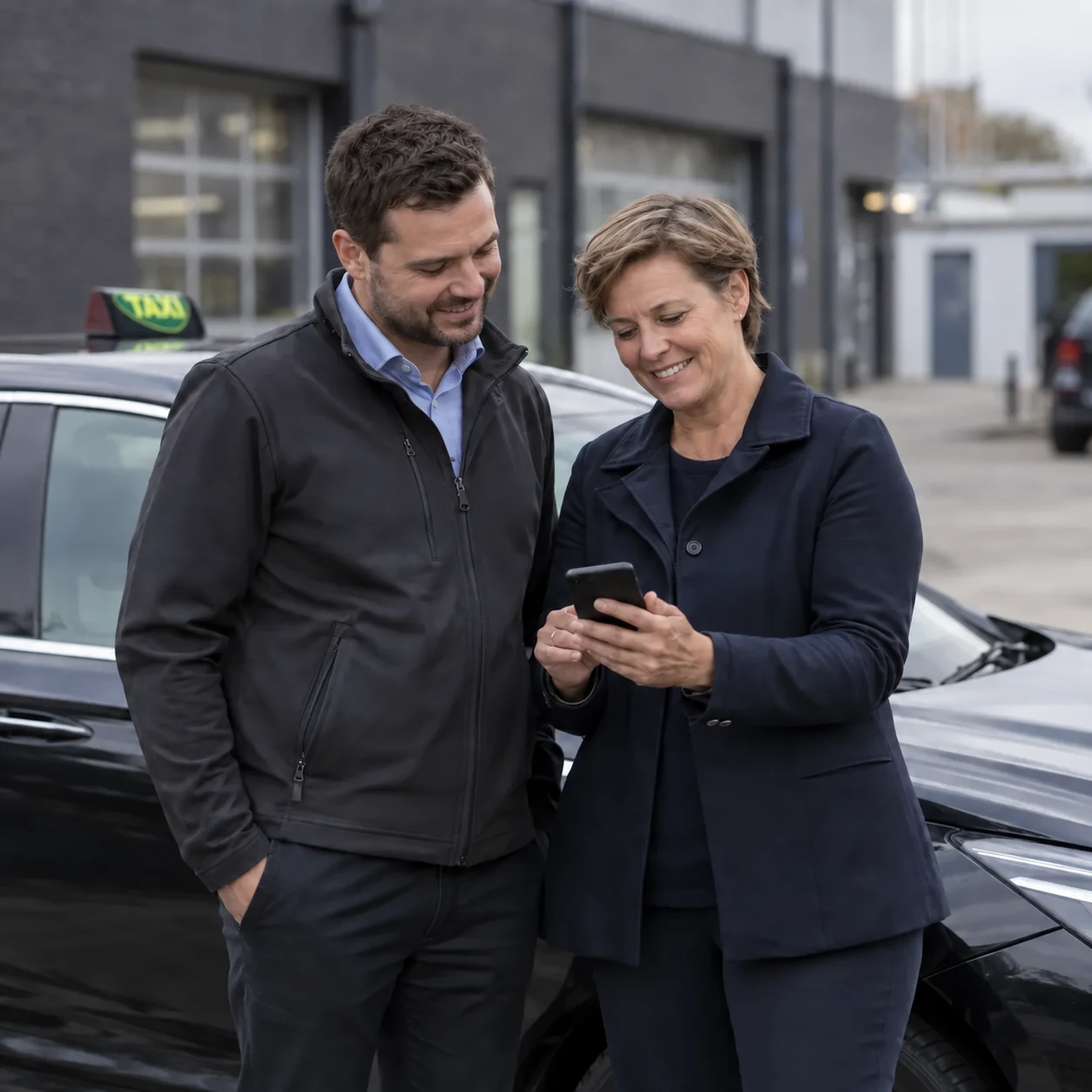 Chauffør og vognmand ser på en telefon sammen ved en parkeret taxa