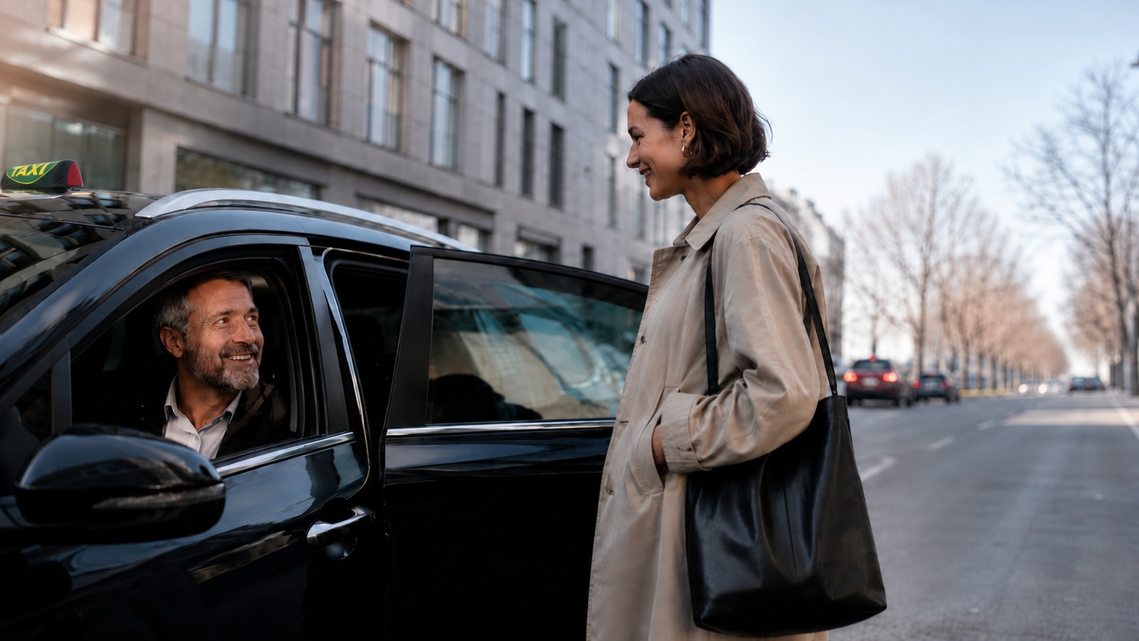 En kvinde hilser på sin chauffør ved taxaen på gaden