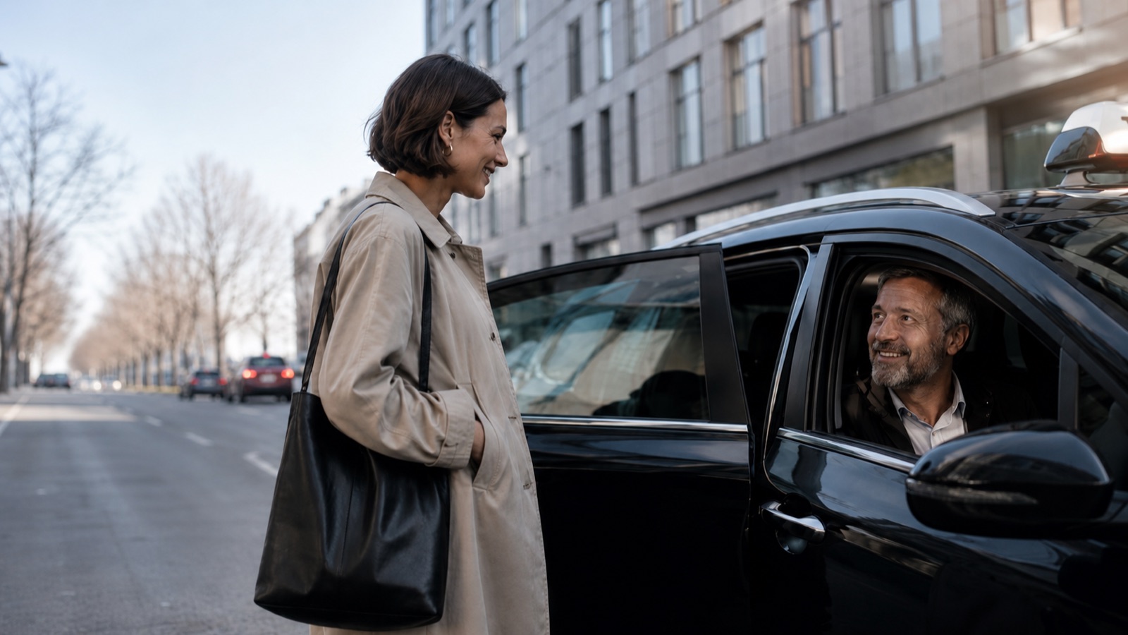En kvinde hilser på sin chauffør ved taxaen på gaden