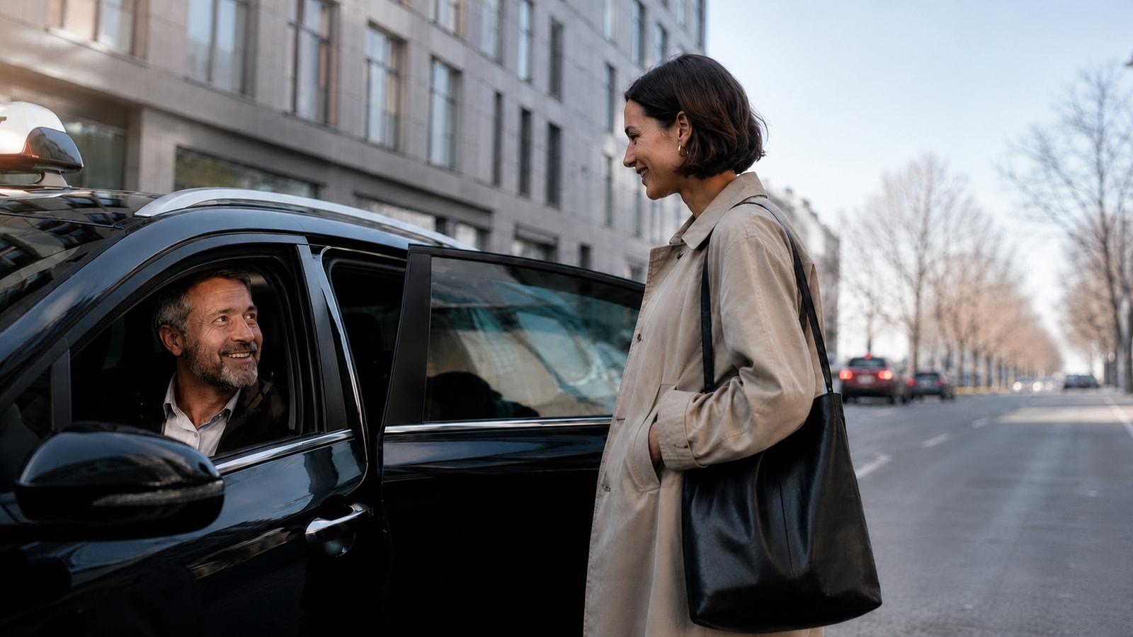 En kvinde hilser på sin chauffør ved taxaen på gaden