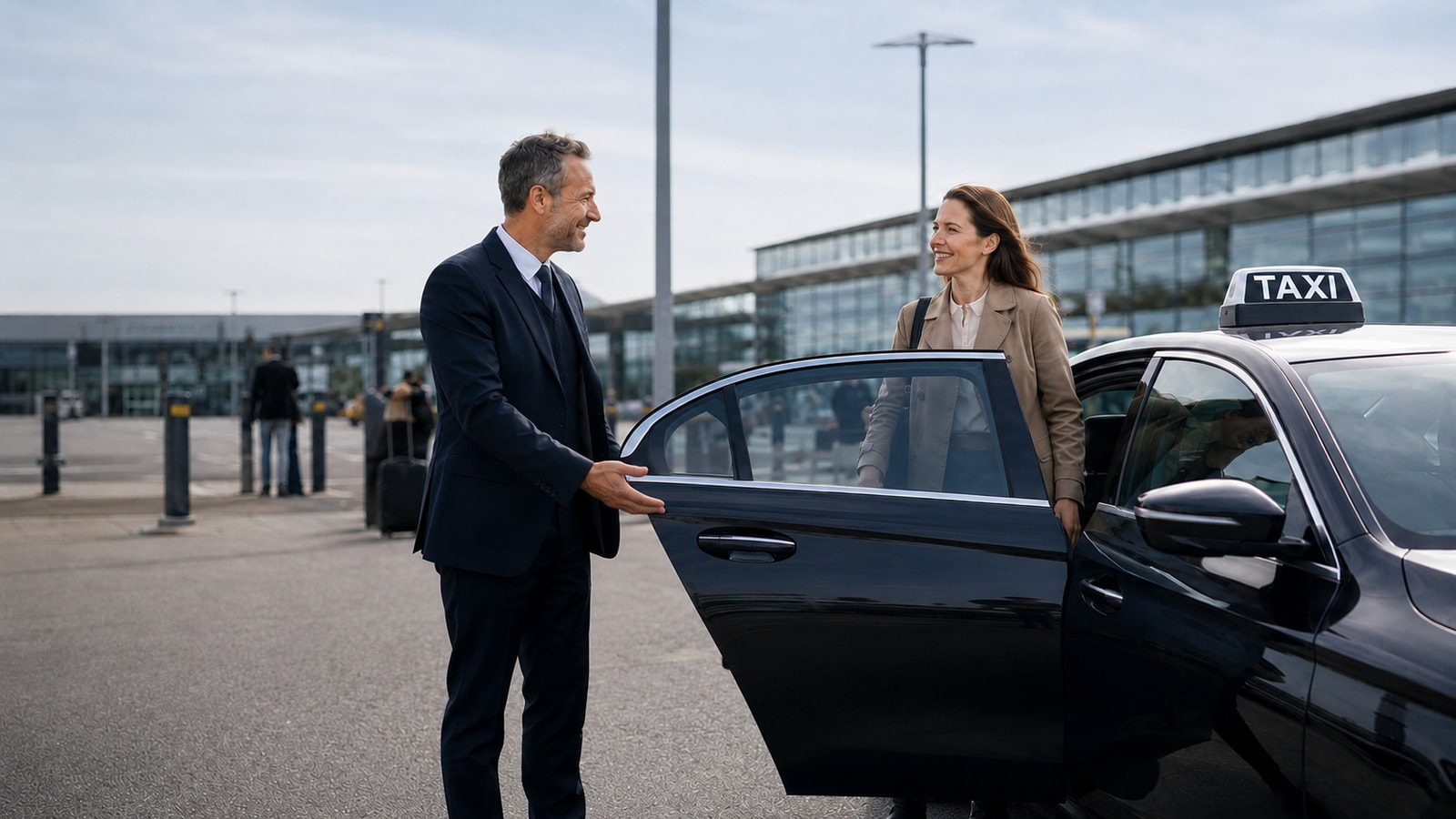 En chauffør tager imod en passager ved bilen