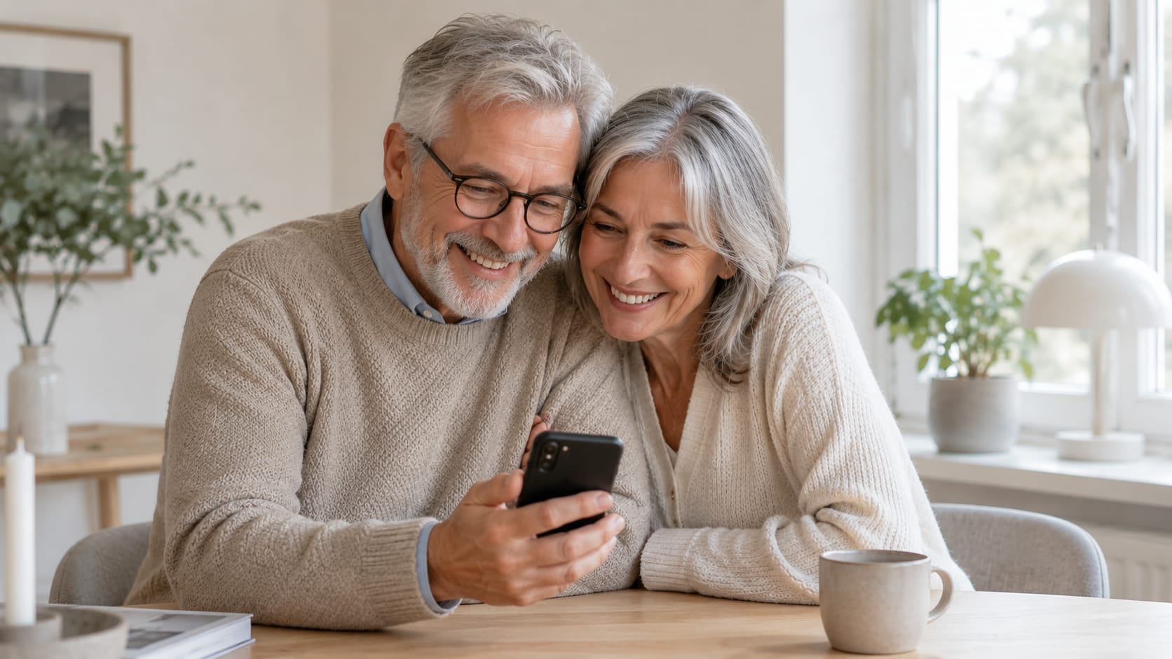 Et ældre par kigger sammen på en tur på telefonen